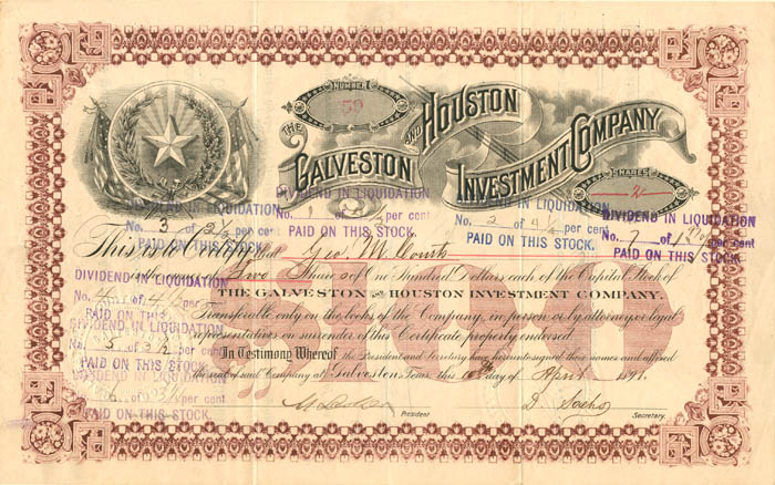 Galveston and Houston Investment Co. - 1891 dated Texas Stock Certificate